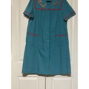 Go Softly Patio Dress Womens Large Blue Butterfly Embroidered Snap Front Pockets